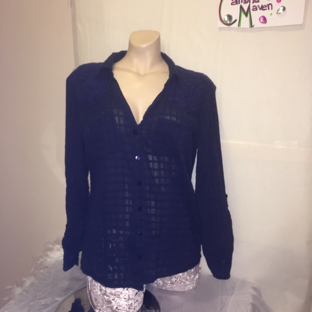 Sheer button up top w/ lace & windowpane pattern